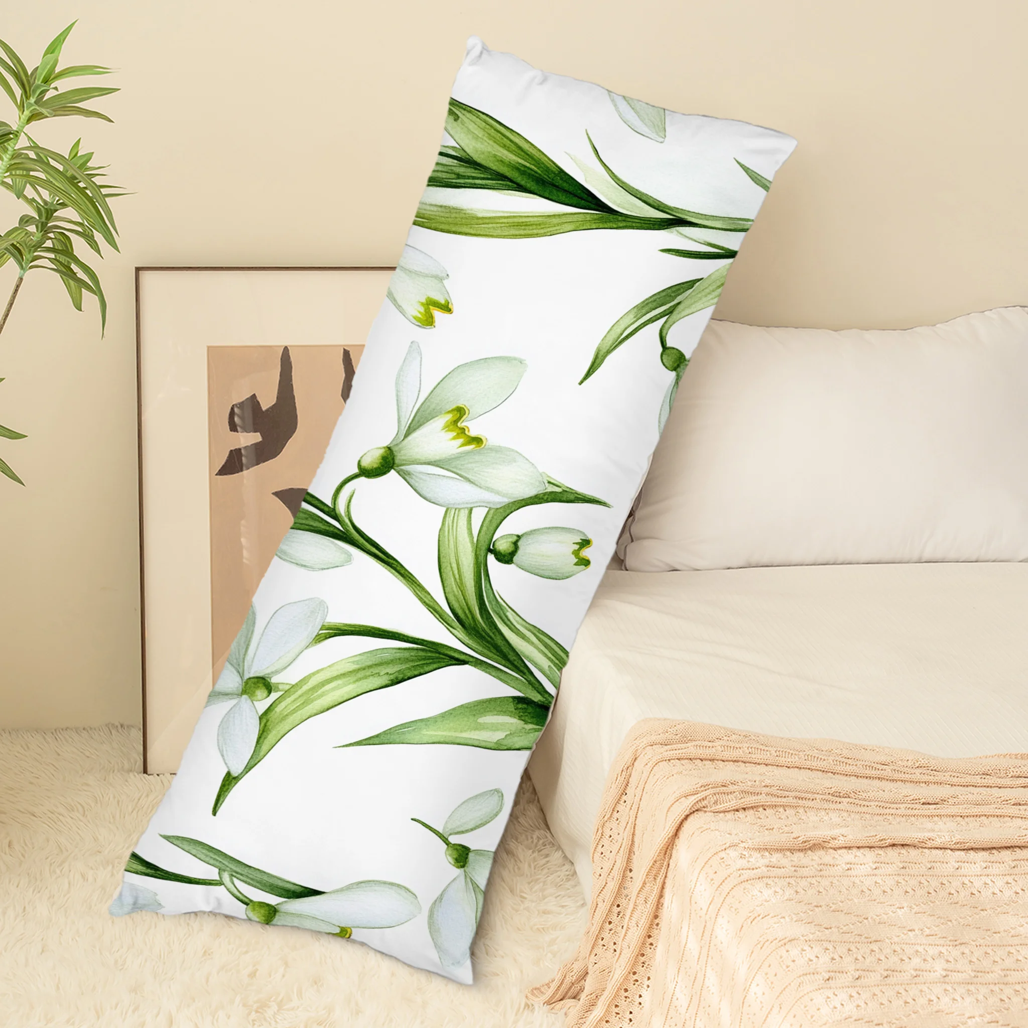 1pc Snowdrop Floral Watercolor Design Pillowcase, Size 50.8 X 137.16 cm, Suitable for Bedding, Throw Pillows, Bed Pillows, Long