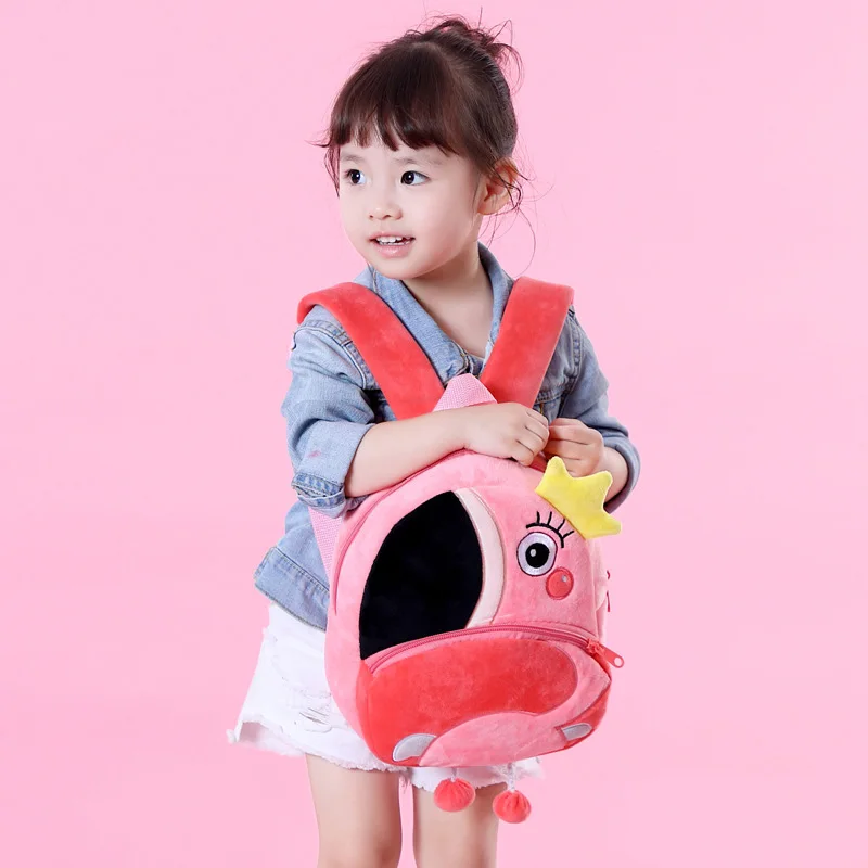 Cartoon Pink Flamingo School Backpacks Soft Plush Pouch For Toddler Baby Girls Boy Kindergarten Kids School Bags Mochila Escolar