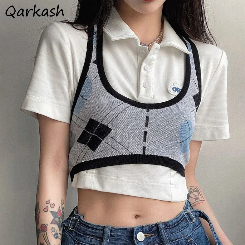 

Women Crop Tops 2 Piece Sets Korean Sweet Short-sleeved Shirts Vintage Stylish Knitting Tanks Hot Girls Y2k Streetwear Summer