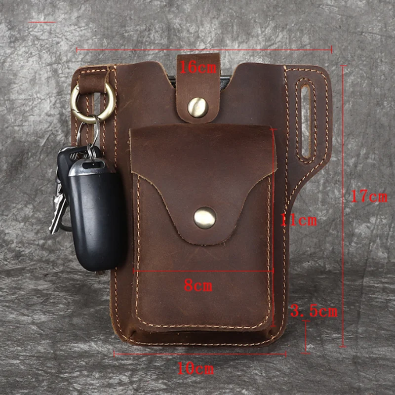 Bolsa de cintura de couro genuíno masculina com chaveiro, carteira multifuncional estilo retro, sacos de cintura para telefone de 6,5"