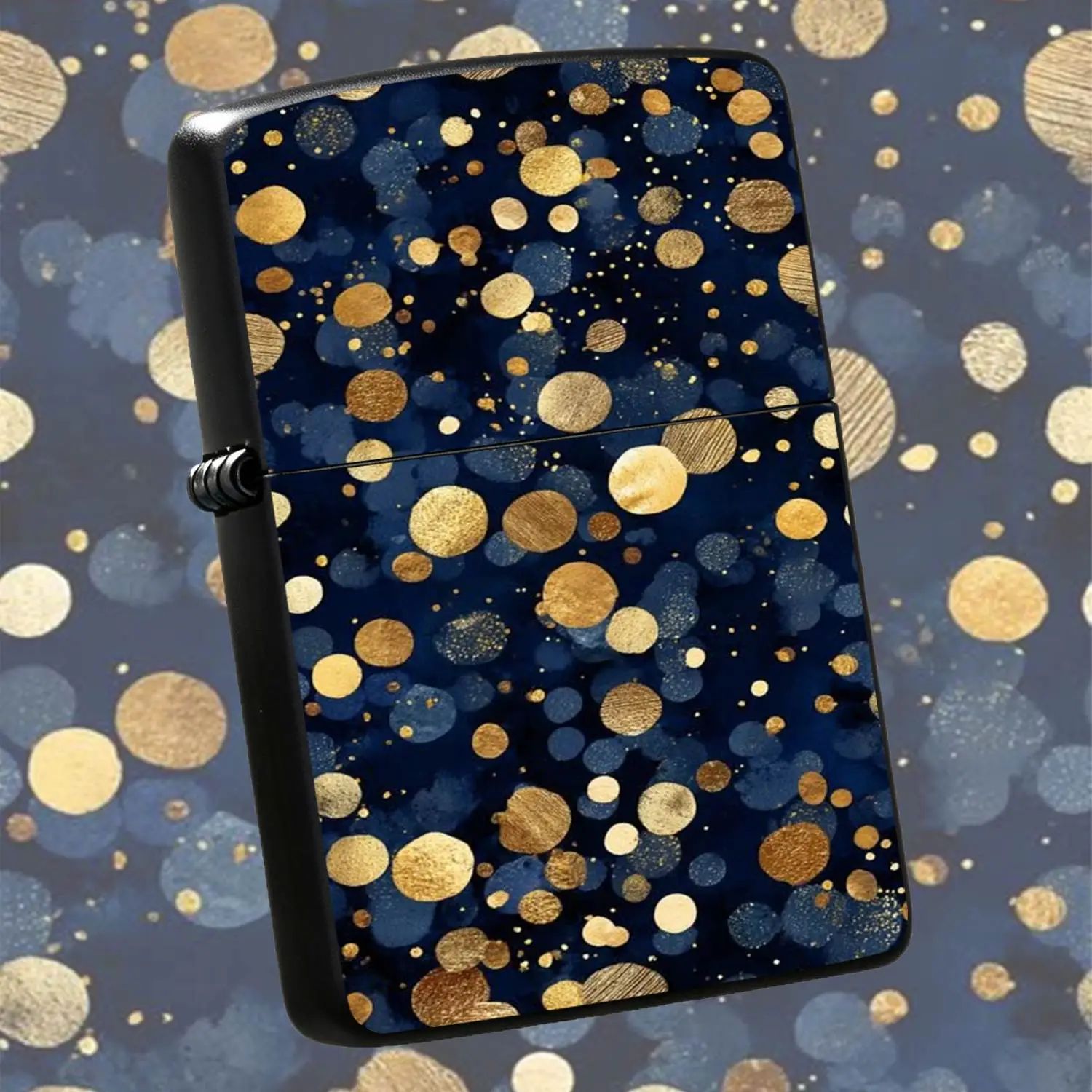 Exquisite Navy Blue Background Lighter With Shiny Gold Foil Dot Pattern, Portable Decorative Versatile Ignition Tool For Daily Travel Camping Gathering, Stylish Practical Elegant Accessory For Personal Use Gifting On Al A Humorous And Inter