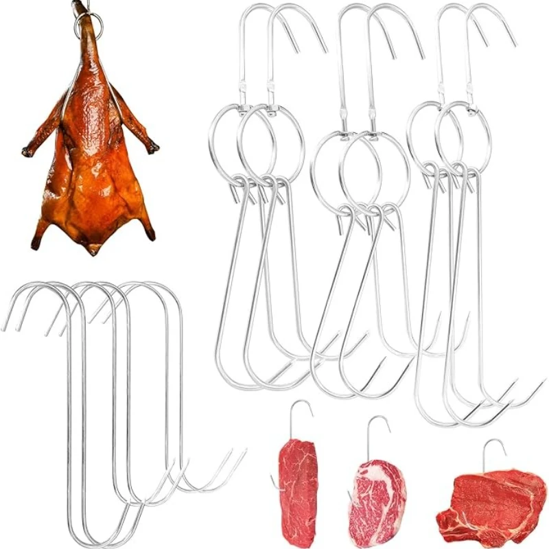 

Stainless Steel Meat Hooks with Double Hook Poultry Roast Duck Bacon Hanging Hook Grill Hanger for Drying Cooking BBQ