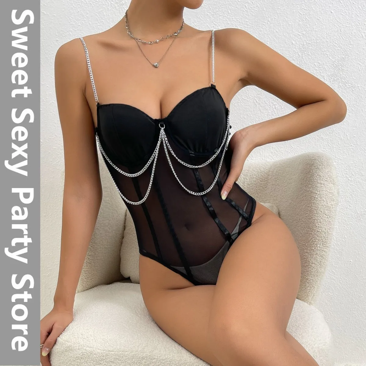

2025 new European and American lace mesh see-through clothing street hipster metal chain design suspender onesie 10676