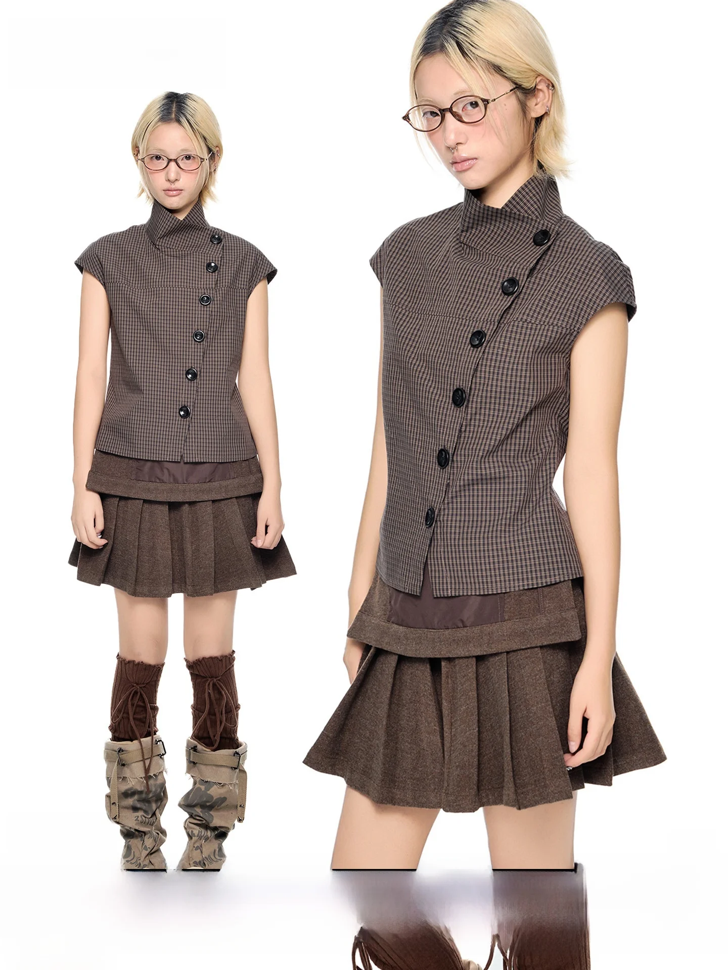 

EZEK College Sle Plaid ort Sve irt Women Summer New American Retro Casual Spicy Girl T-irt Top Breathable Thin Model