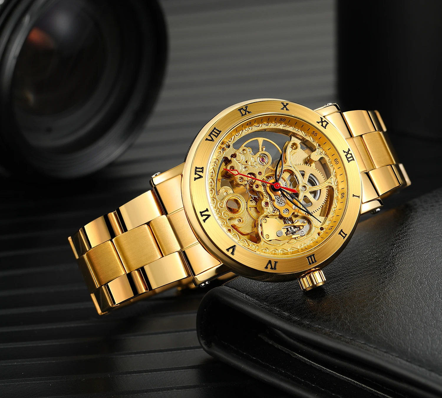 Forsining moda retro masculino esqueleto relógios mecânicos automáticos caso numeral romano design aço inoxidável relógio de pulso negócios