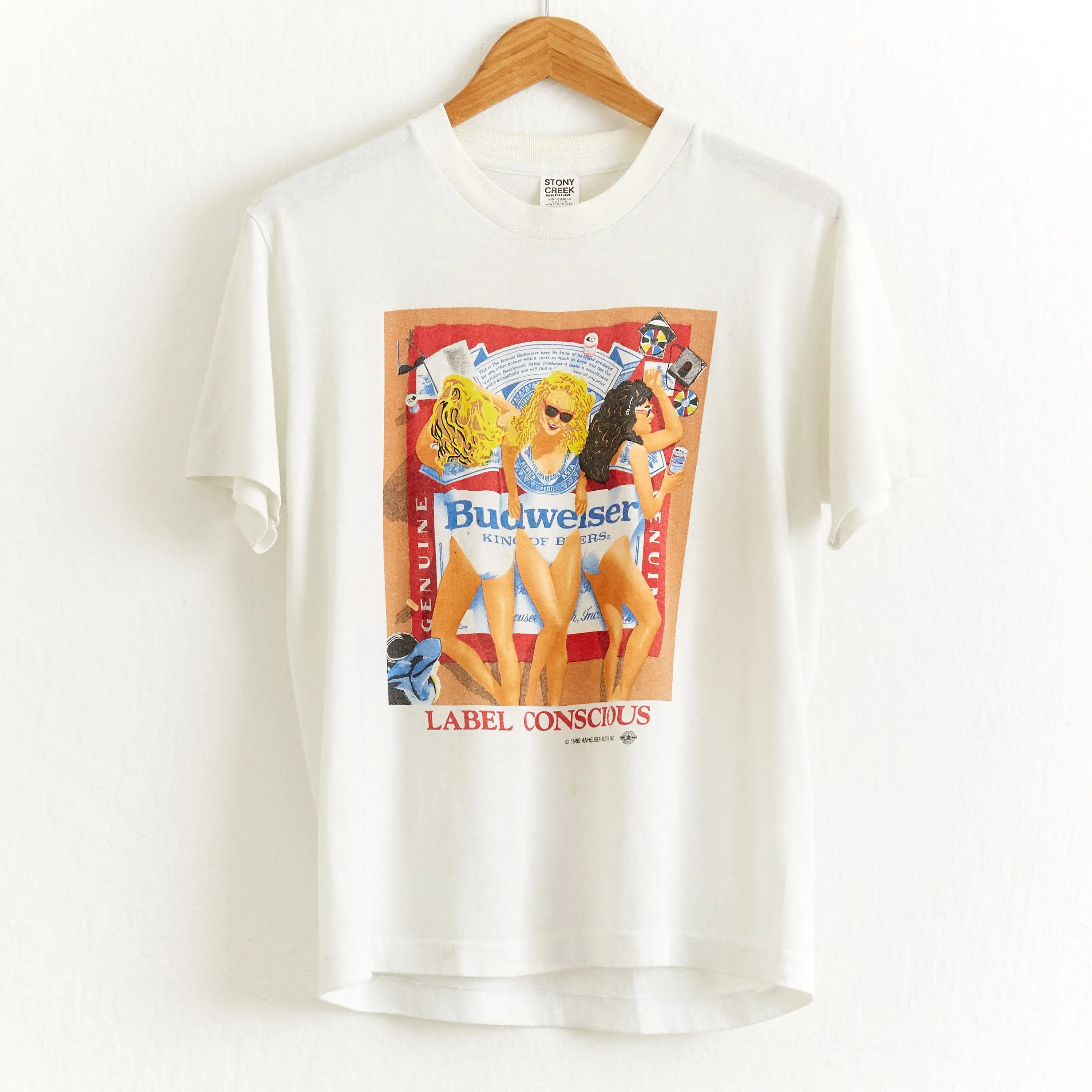 VTG RARE 1989 Купальник Budweiser для девочек Футболка Sz S Маленький Белый Король Пива Америка Бикини Команда Плакат Bud Light Label