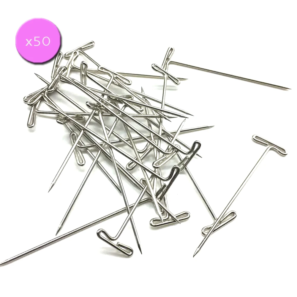 

50Pcs T Wig Pins for Wig Fix on Canvas Block Head Wig Toupee Making Tools 14mm Widthx51mm Silver T Shape Needles Pin For Wigs