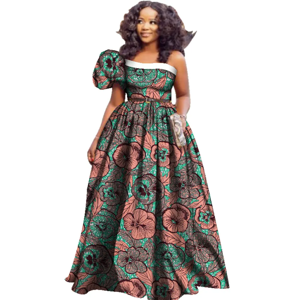 Bintarealwax Fashion African Dresses for Women One Shoulder High Waist Big Hem Party Dresses African Long Maxi Dresses WY2425