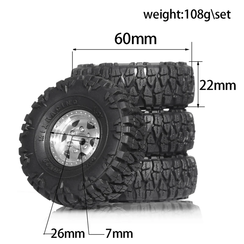 4Pcs 60Mm 1.0In Metal Beadlock Wheel Tire Set For 1/18 1/24 RC Crawler Car TRX4M SCX24 AX24 FCX24 Upgrade Parts