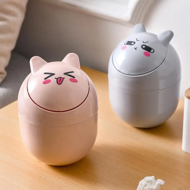 Ins Style Creative Cute Home Desktop with Lid Trash Can Small Mini Kawaii Bedroom Desk Storage Box Pen Holder Give A Sticker