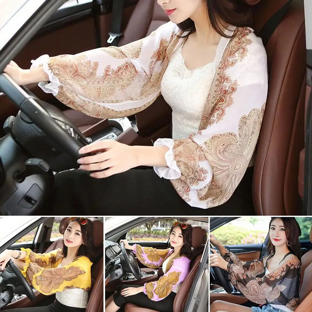 Summer Printed Women Sun Protection Arm Sleeve Driving Oversleeves Clothing Sleeves Anti-UV Riding Thin Shawl Outdoor Cool C4U6