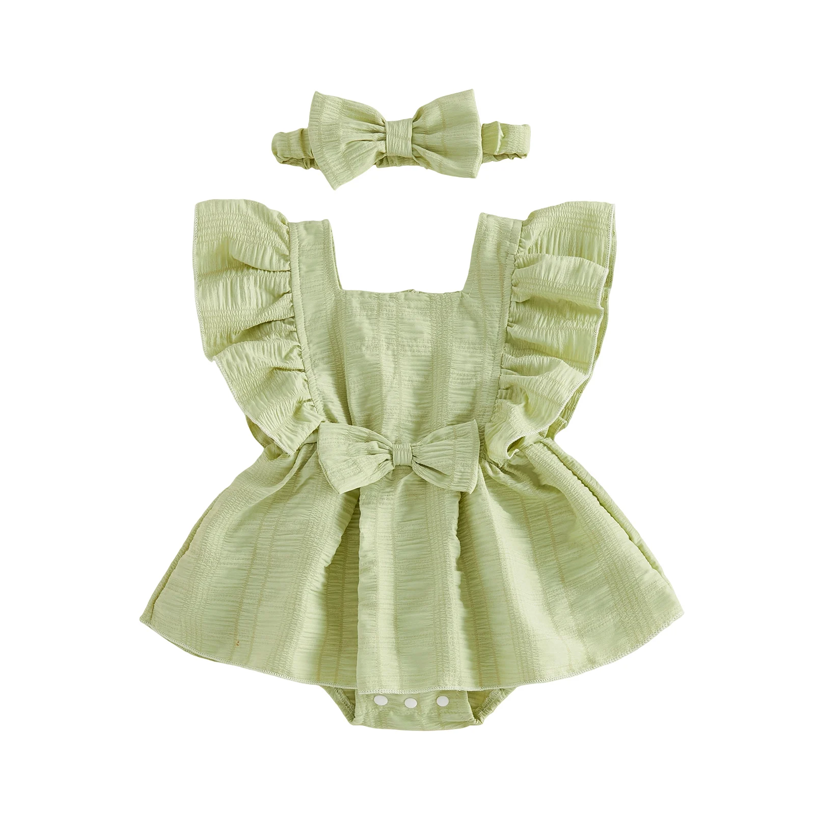 2Pcs Infant Baby Girl Outfit Square Neck Flying Sleeve Bow Decor Romper Dress and Bow Headband Set