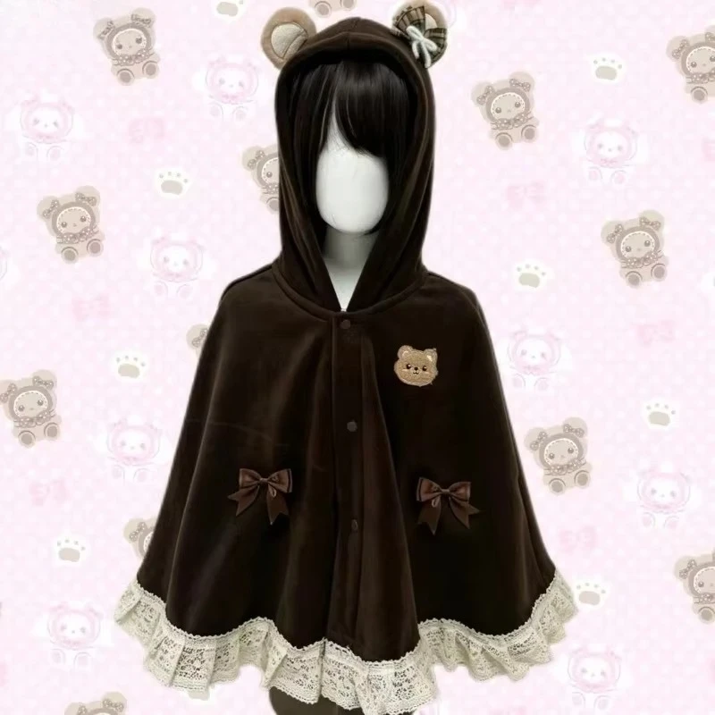Japanese Kawaii Lolita Style Cloak Coats Women Sweet Bear Ear Lace Hooded Jacket Harajuku Cute Capes Girls Loose Lovely Ponchos