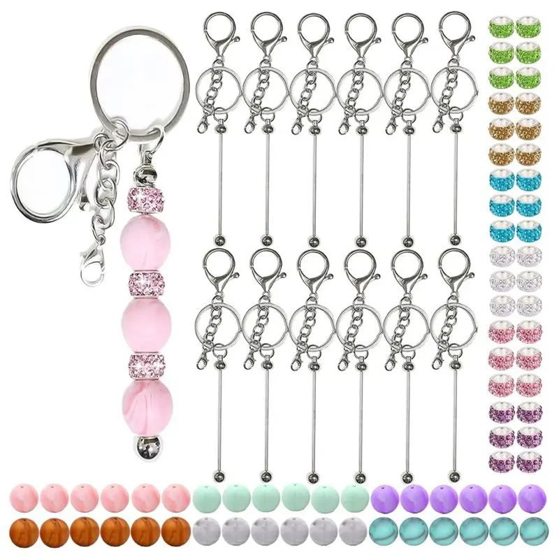 AEE4-84Pcs Beadable Keychains Set,Keychains Bulk For Keychain Making Accessories With Silicone Beads Spacer Beads
