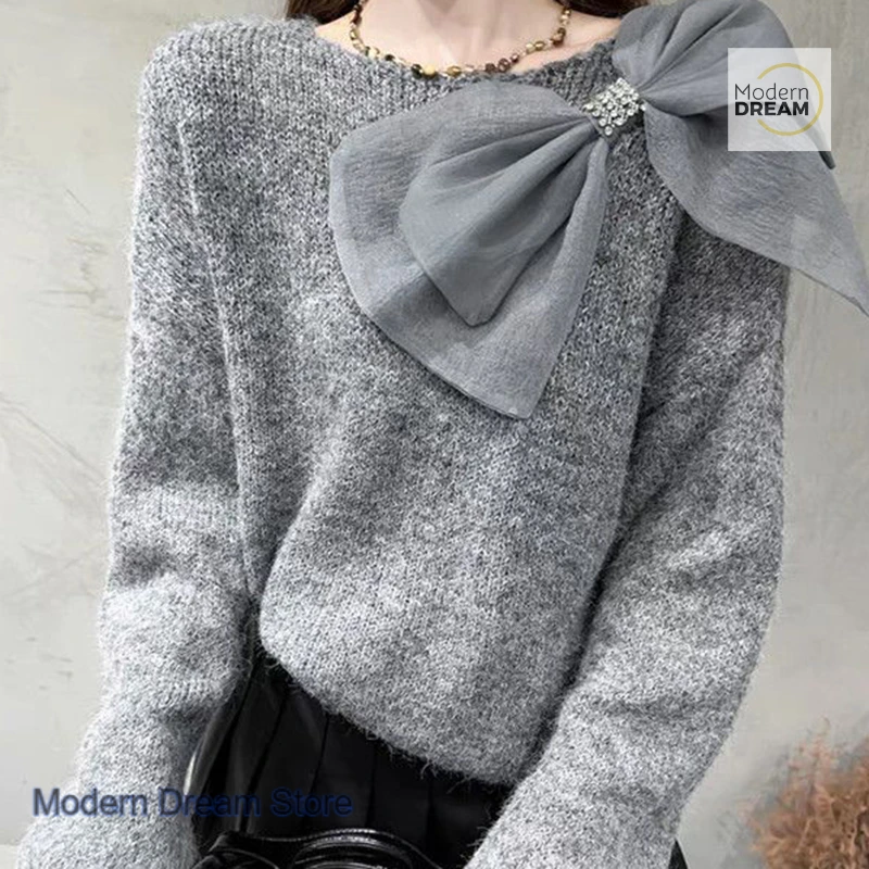 French purple sweater giant beautiful bow sweater women's autumn and winter new fashion high-grade loose chic sweater top.
