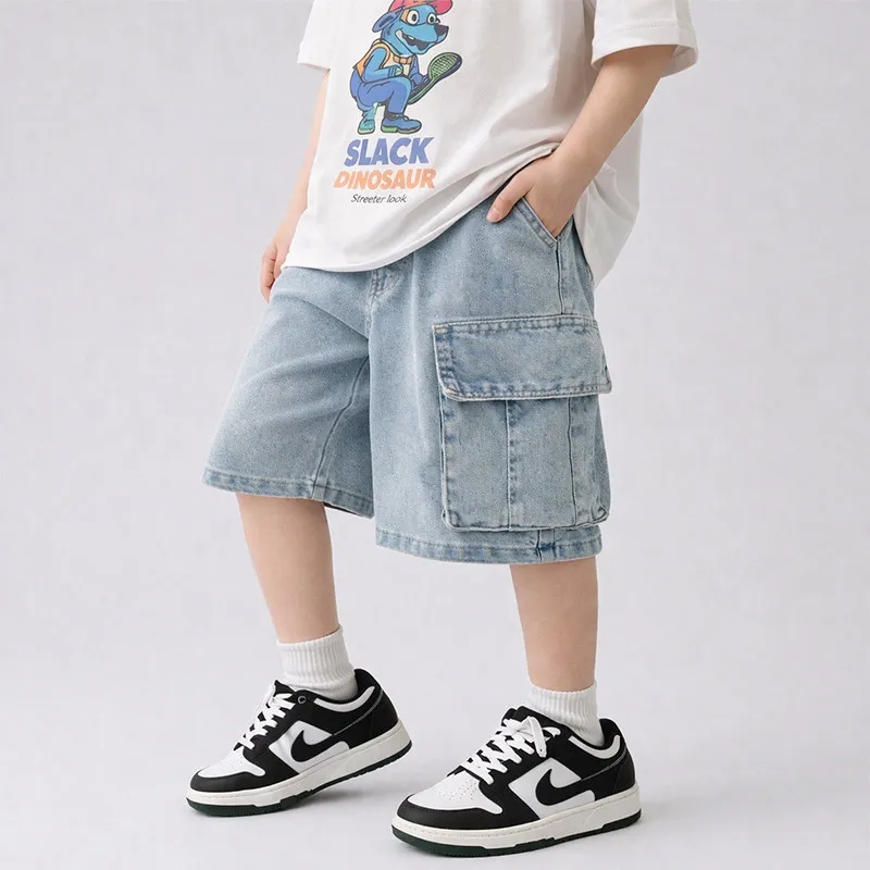 UNITIM Children Boys Jeans Elastic Waist 4-14Yrs Kids Boys Shorts 2026 Summer Junior Boy Half Shorts Teens Boy Wide Leg Shorts