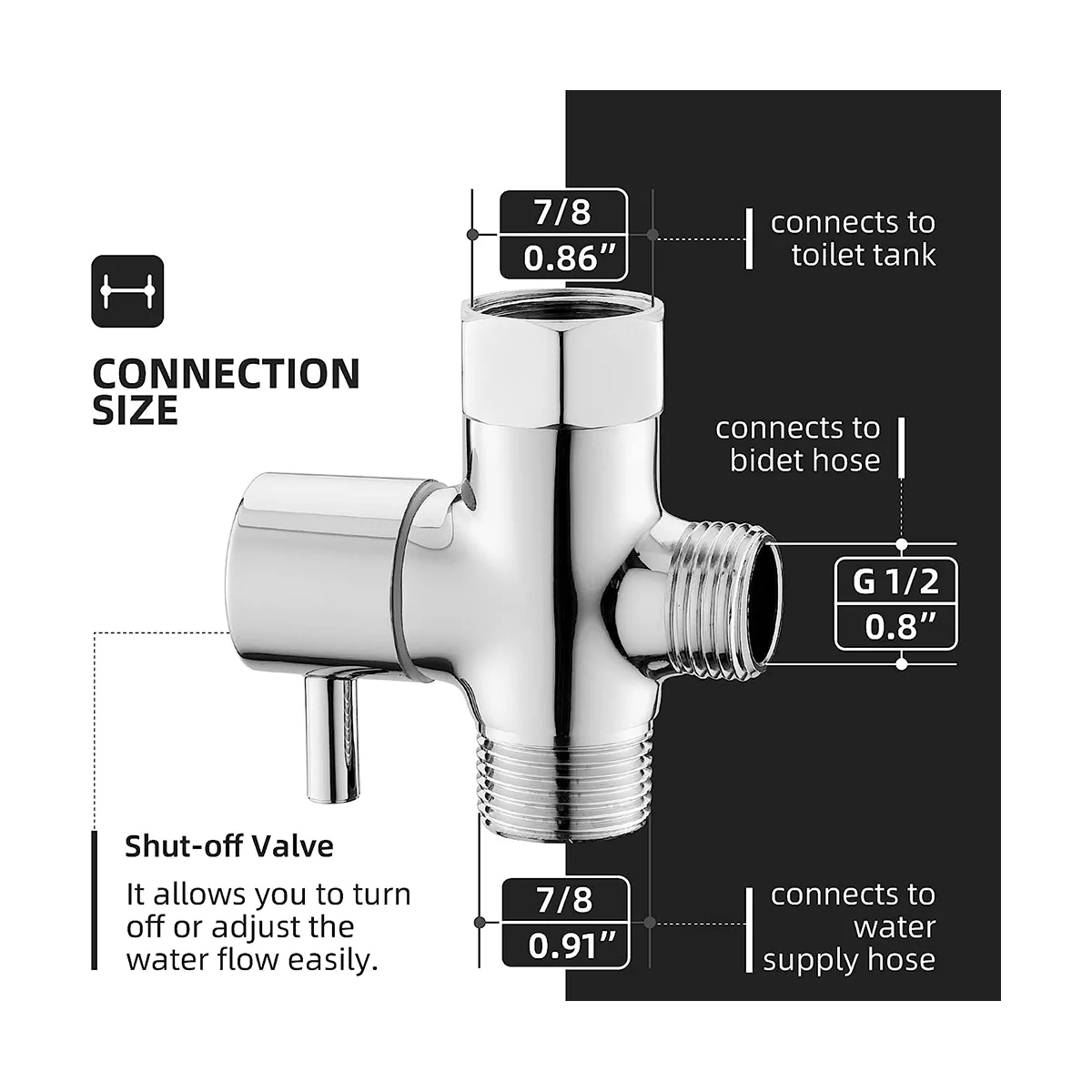 Bidet T Adapter, Brass T Adapter with Shut-Off Valve 3-Way Tee Connector 7/8In x 7/8In x G1/2 for Toilet Bidet Sprayer