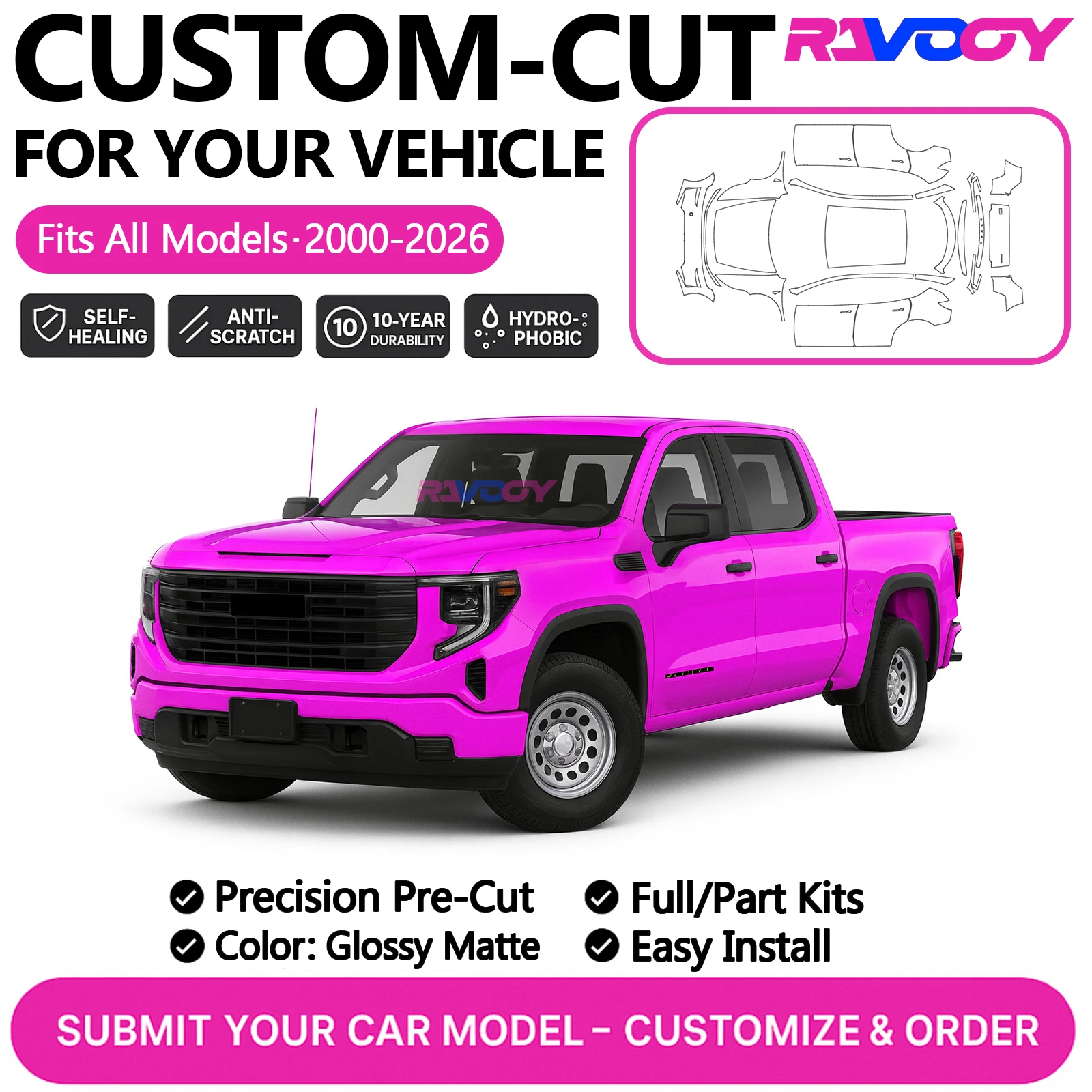 

Изготовленный на заказ комплект PPF для GMC Sierra 1500 Sierra EV 2500 2500HD 3500 3500HD 2024 2025 2026 Защитная пленка из ТПУ, глянцевая матовая