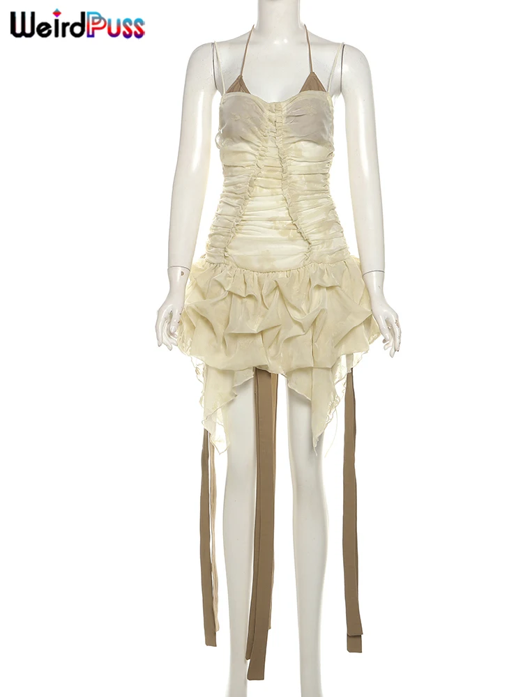 Estranho gato sexy retalhos halter vestido feminino malha plissados em camadas contraste borla sem mangas sem costas rua tendência maxi bodycon