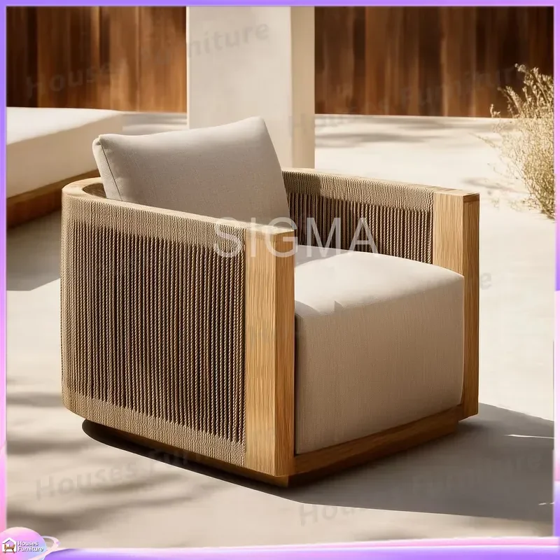 Modern Teak Outdoor Sofa Set Garden Furniture Woven Rope Patio Couch Luxury Hotel Park Sectional Seating Group Exterior Decor