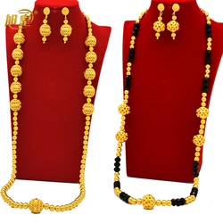 Fashion Dubai Luxury 24k Gold Color Long Chain Bead Jewelry Set For Women Arab African Indian Charm Necklace Earrings Set Gifts