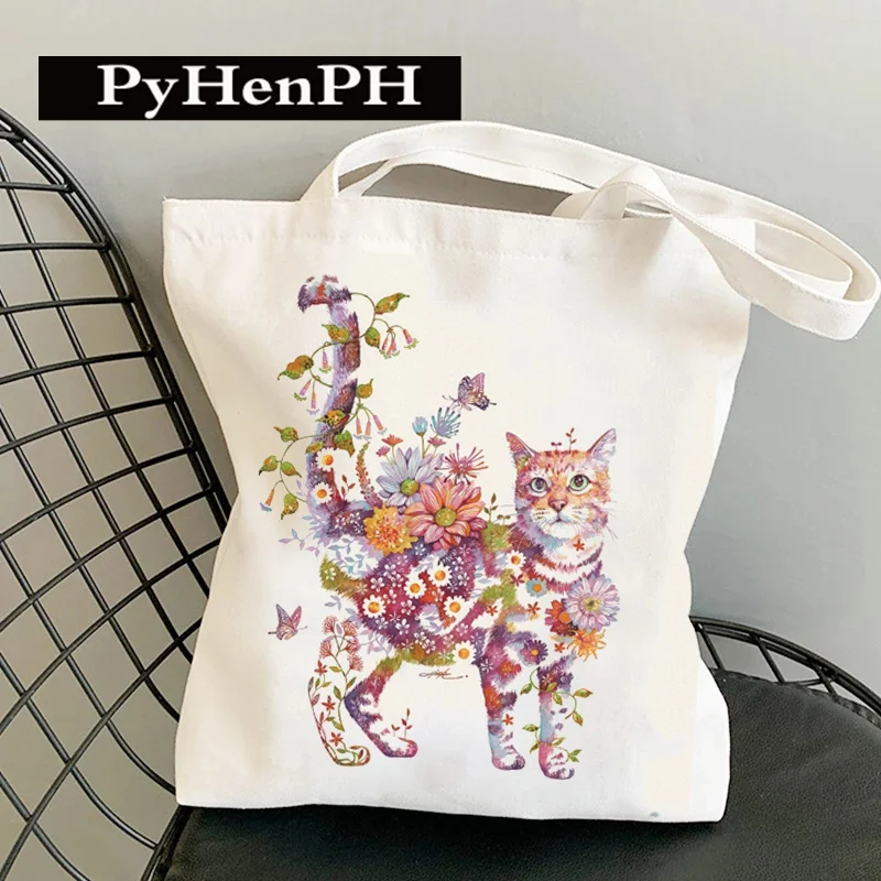 Flower Cat Canvas Bag Women Fashion Shoulder Totebag Female Shopping Bags Girl Student School Bags