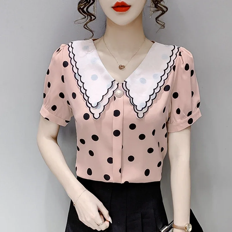 Casual Summer Chiffon Blouses 2024 Korean Fashion Polka Dot Blusa Feminina French Sweet Girls Vintage Puff Sleeve Tops Mujer y2k