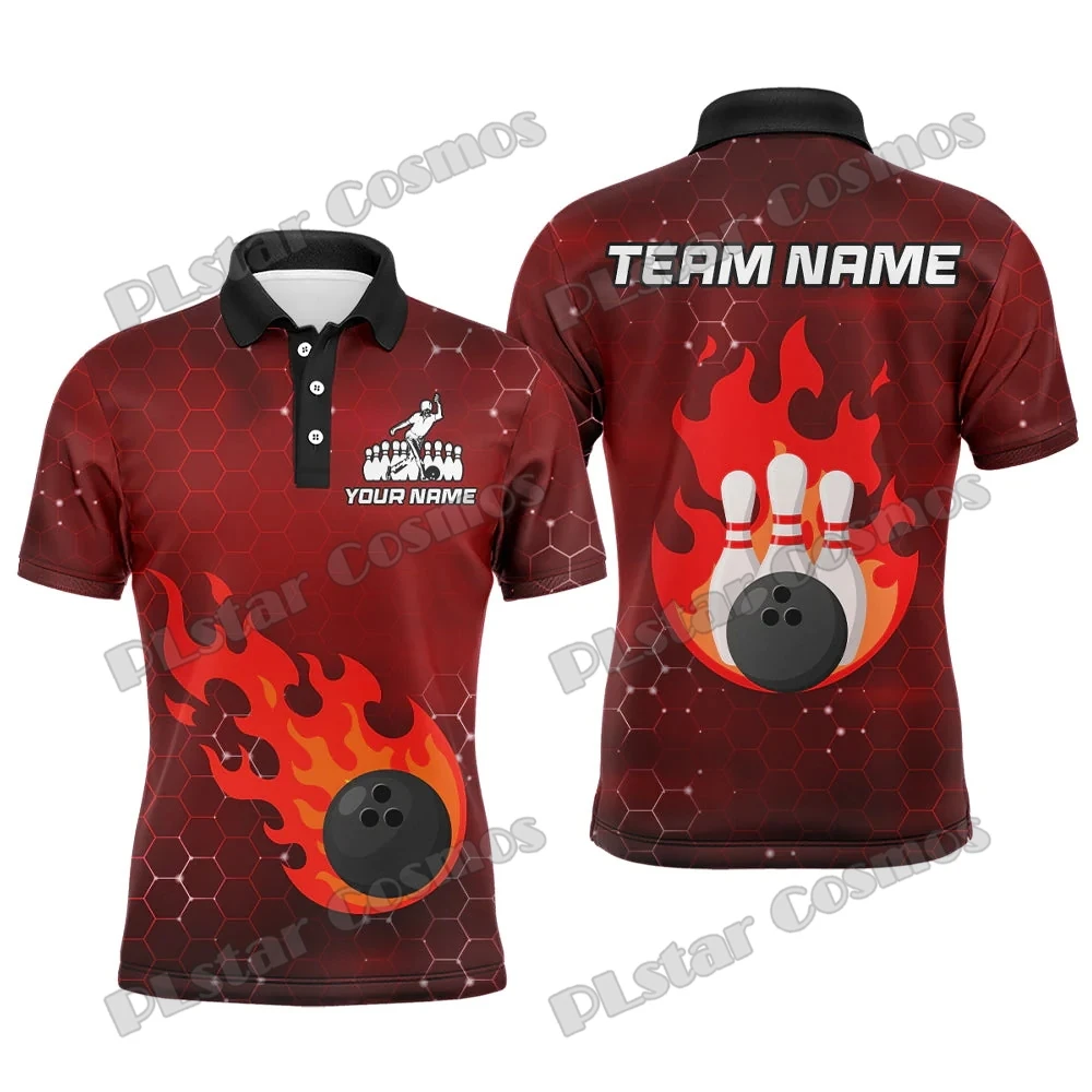 3D Printed Bowling & Pins Flame Skull Polo Shirt with Custom Name Summer Casual Unisex Smoke Pattern Men's Short Sleeve Tee WK25