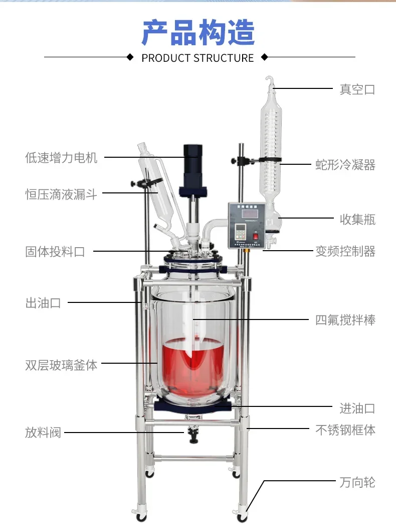 Double Glass Reactor Laboratory Large and Small Jacketed Distillation High and Low Constant Temperature Chemical Agitator 1-200L