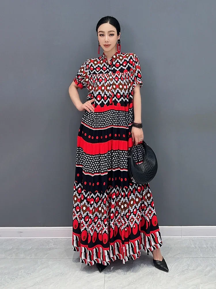 XITAO Vintage Print Female Dress Loose Fashion Contrast Color Stand Collar Short Sleeves Dress 2024 Summer New Women ZY8693