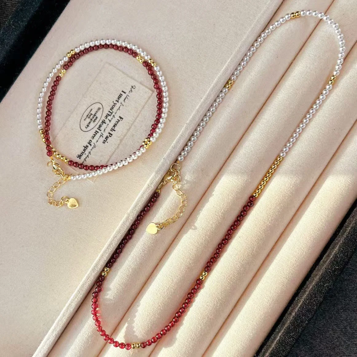 

New retro natural garnet high-gloss artificial pearl collarbone chain necklace