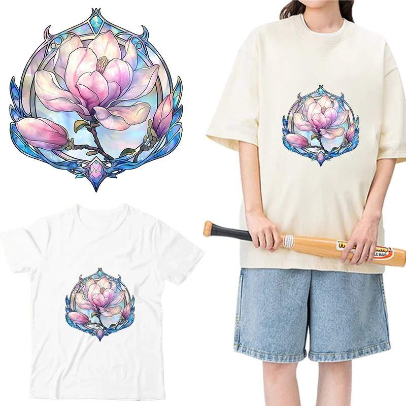 Colored glass and beautiful magnolia flowers Iron On Patch Heat Transfer On Clothes dtf transfers ready to press