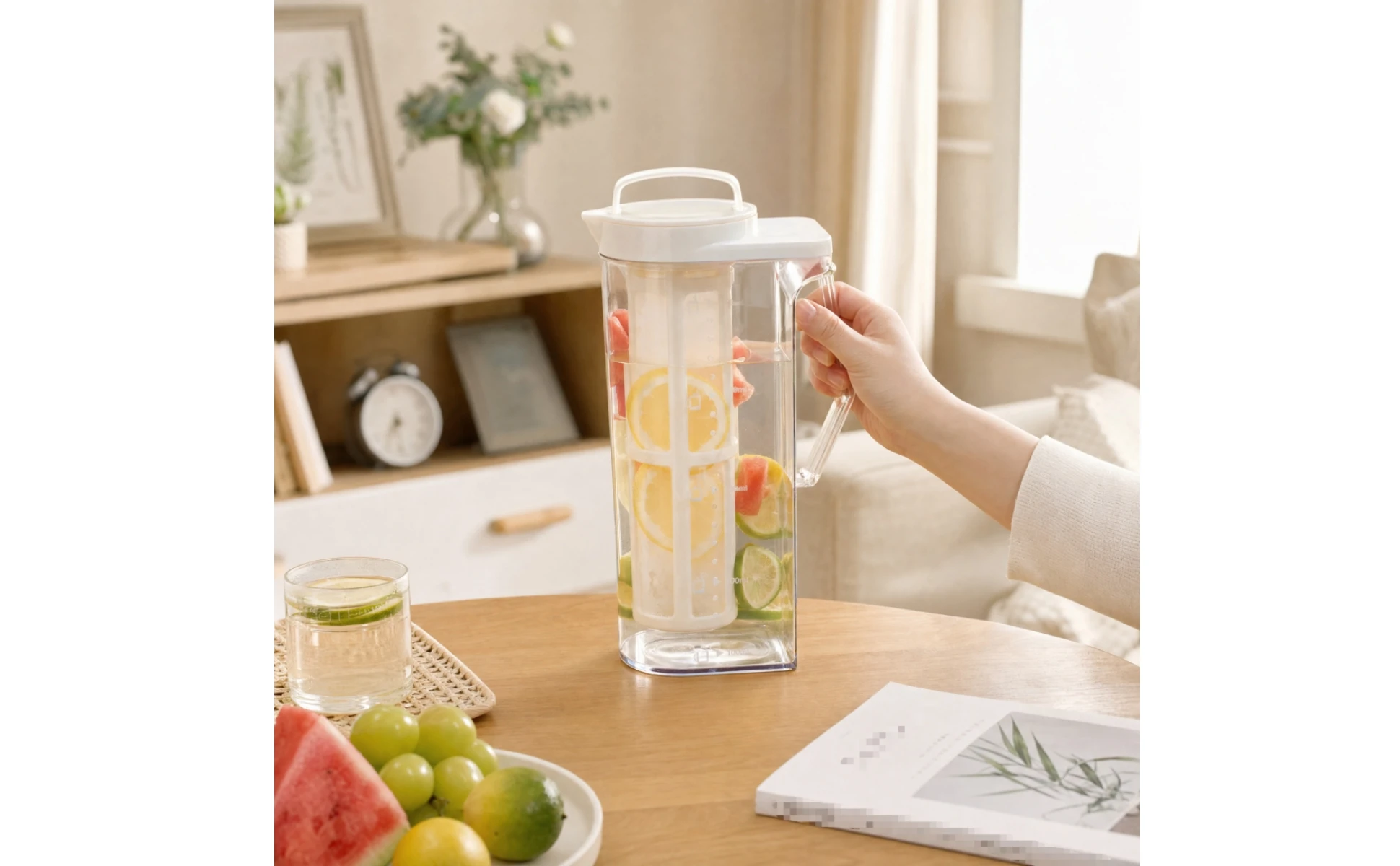 Refrigerator Pitcher with Infuser Slim Infusion Pitcher with Filter Carafe with Lid Clear Water Jug Graduated for Families