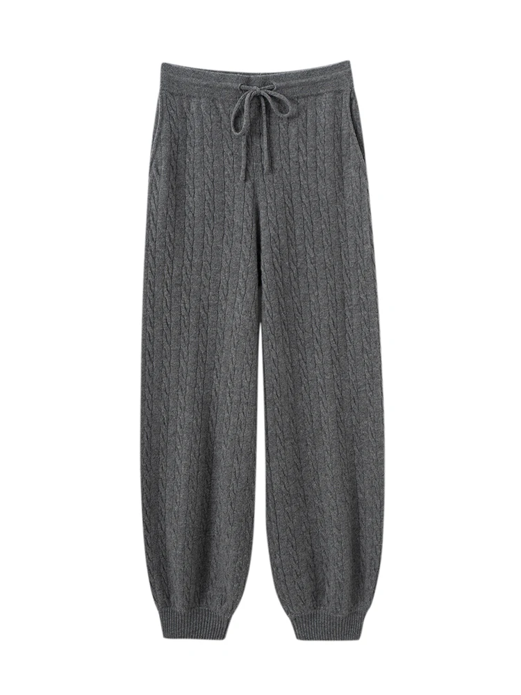 TLOML New Women's 100% Cashmere Knitted Cable Knit Bloomers Pants Autumn Winter Soft Warm Comfy Casual Trousers Cashmere Pants