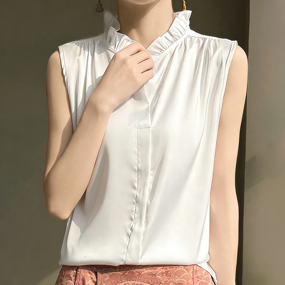 Round Neck Sleeveless Satin Top for Women Polyester Solid Color Minimalist Shirt Spring Summer Autumn Winter Ready
