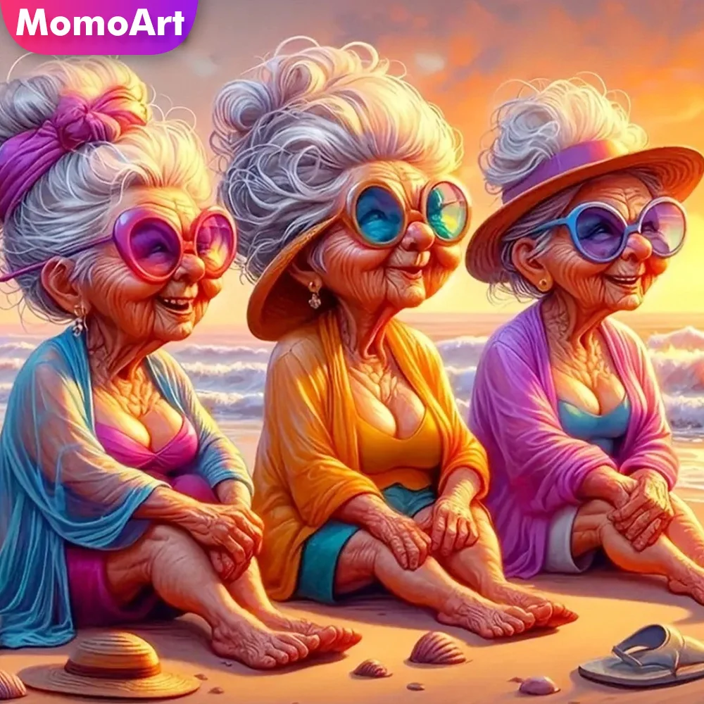 Momoart Diamond Painting Old Lady Women Embroidery Kit Portrait Seaside Grandma Mosaic 5D DIY Handicraft Wall Decor