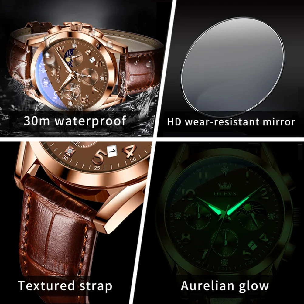 OLEVS 2024 Hot Quartz Men Watch Classic Waterproof Luminous Wristwatch Leather Strap Date Display Luxury Top Brand Watch for Men