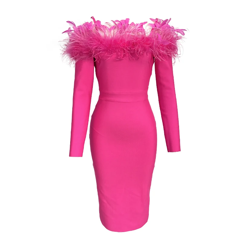 Imagem -04 - Vestido de Bandagem Vermelha Rosa para Mulheres Fora do Ombro Comprimento do Tornozelo Penas Lindas Roupa de Coquetel Estoque Pronto para Aniversário