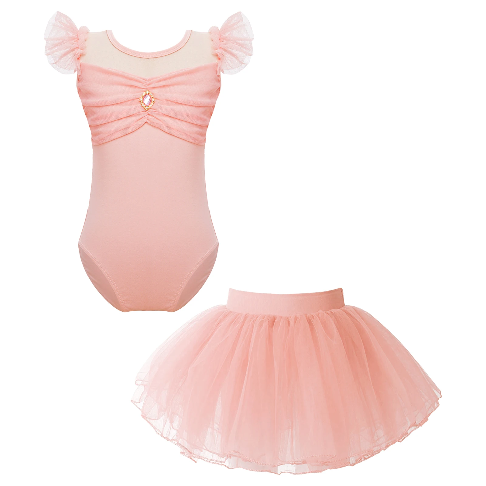 

2PCS Kids Girls Dance Set Flutter Sleeve Ruched Patchwork Cutout Back Leotard with Elastic Waistband Tutu Skirt for Performance