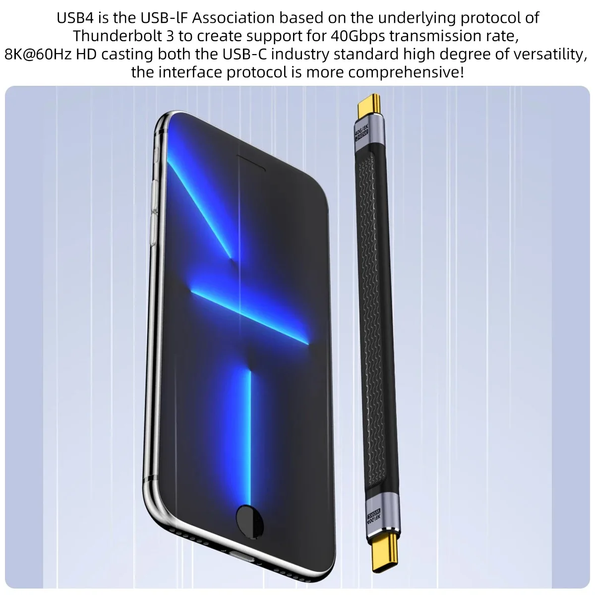 USB4 Type-C to Type-C Short Flat Cable 240W 5A 40Gbps 8K@60Hz PD3.1 Fast Charging Cord Thunderbolt 4/3 for Laptop Phone Tablet