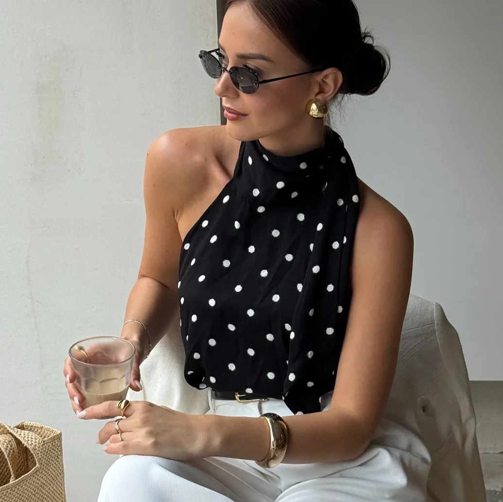 

American-style hot girl camisole vest for women with a sense of design, faux acetate fabric, polka dots and tie-up halter neck