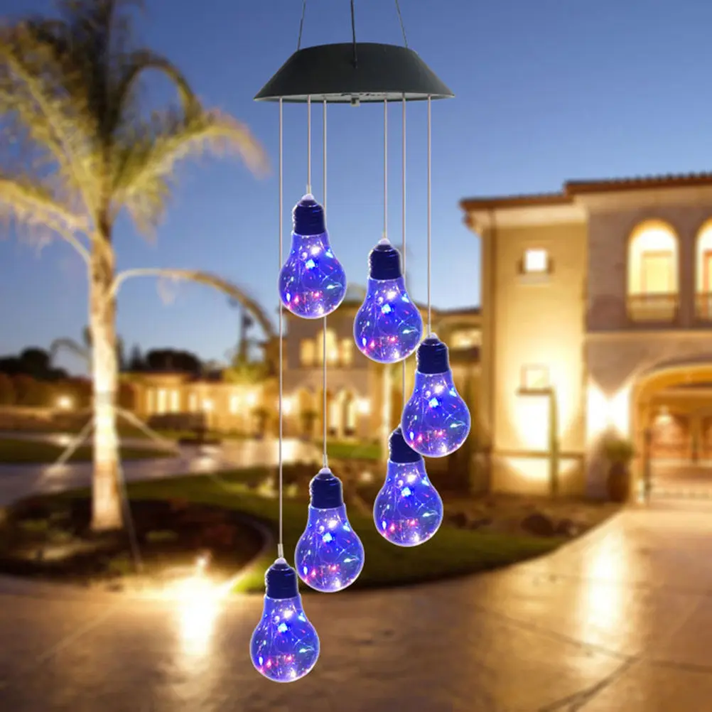 Solar Bulb Wind Chime Light 6Led Black Shell Outdoor Hanging Lamp For Garden Patio Yard Solar Lights Decorative Landscape