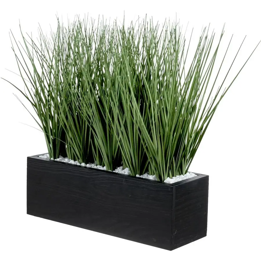 

12 Inch Artificial Green Grass Plants in Rustic Black Solid Wood Planter Box, Faux Greenery Plant Centerpiece in Decorative Rect