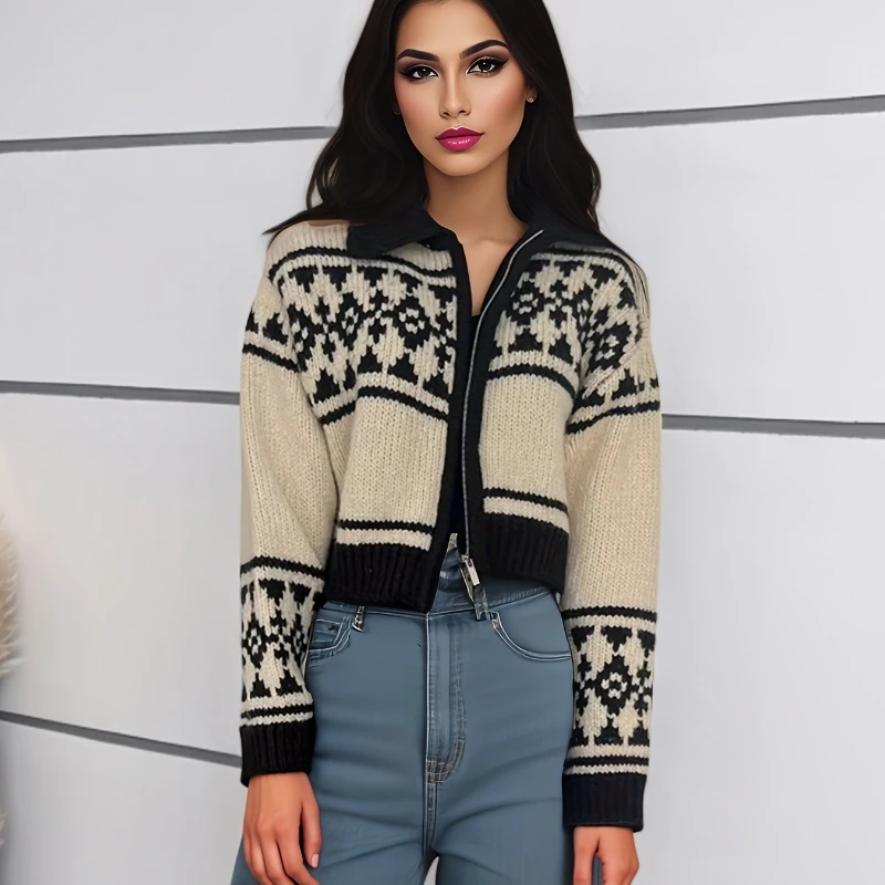

New Autumn and Winter Women's Clothing Retro Lapel Zipper Long-sleeved Sweater Fashionable and Elegant Knitwear Cardigan Jacket
