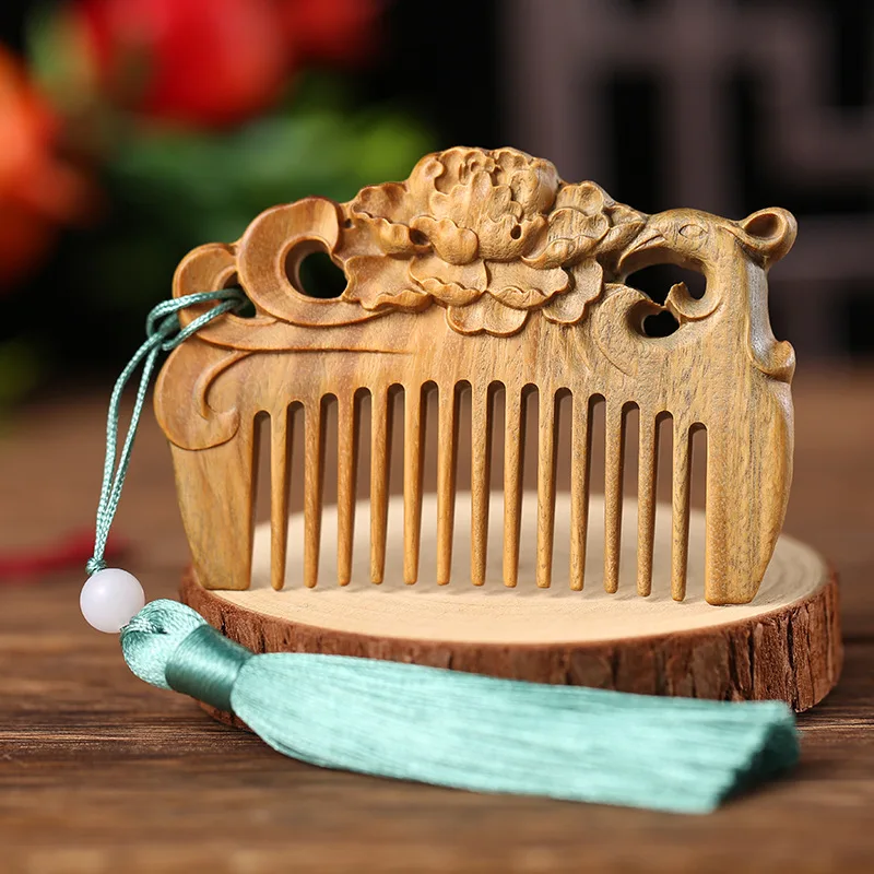 Portable Natural Sandalwood Comb Handmade Engrave Wooden Comb Head Scraping Massage Hairdressing Hair Health Care Tool