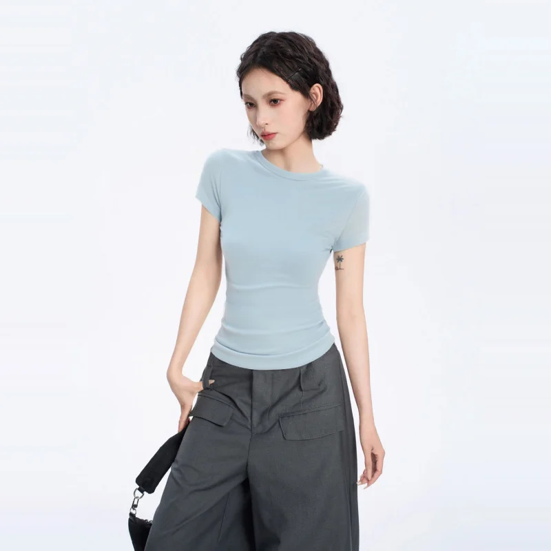 

Женский повседневный эластичный облегающий топ-пуловер с круглым вырезом, утягивающий талию, светло-голубой, с коротким рукавом, модель 2025 года для молодых женщин.