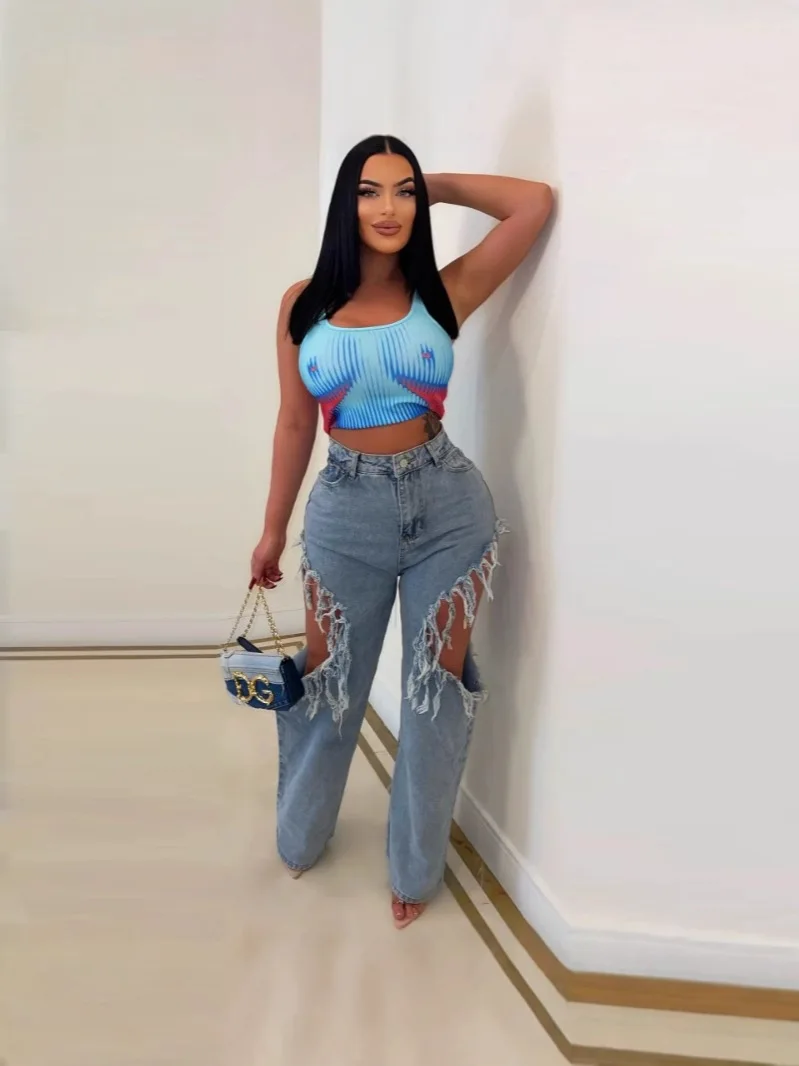 

M-6199 Cross border source European and American spring and summer new women's clothing ins fashion sexy ripped water washed jea