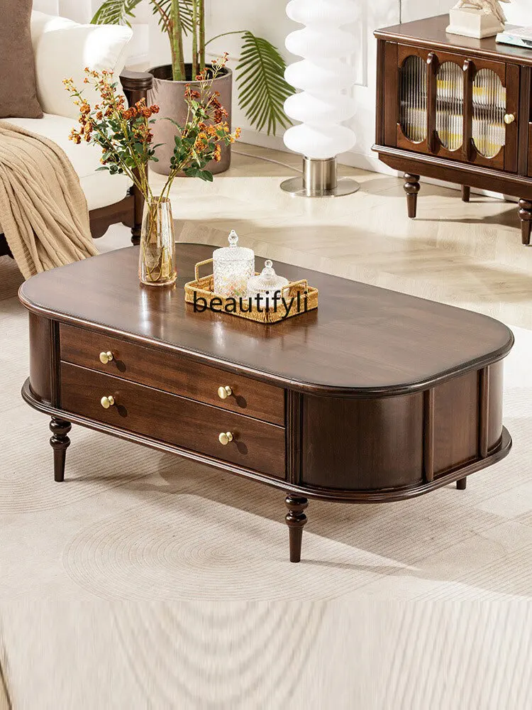 

French Style Retro Coffee Table Solid Wood Pure Log Walnut Oval Coffee Table American Living Room