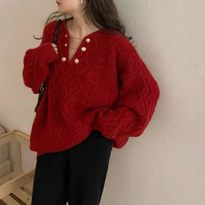 V-neck Fried Dough Twists Sweater Woman Autumn Winter Gentle Pullover Knitted Top Sweet Grace Casual Loose Trend Fashion Youth