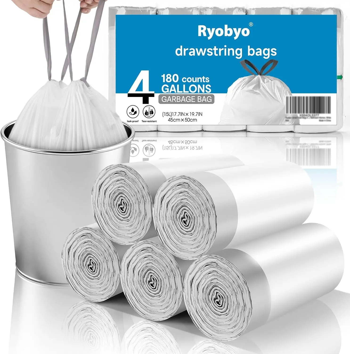 

180 Small Trash Bags 4 Gallon, Drawstring Closure, Strong & Odorless for Bathroom Bedroom Office